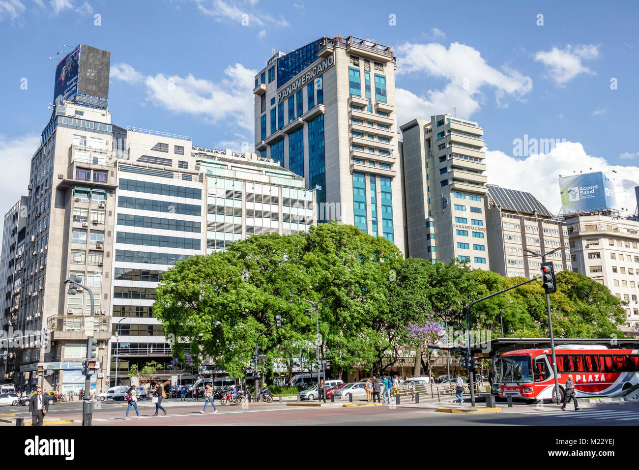 Buenos Aires Argentina,Avenida 9 de Julio,July 9 Avenue,major road,city skyline,buildings,bus,traffic,Hispanic,Argentinean Argentinian Argentine,South Stock Photo