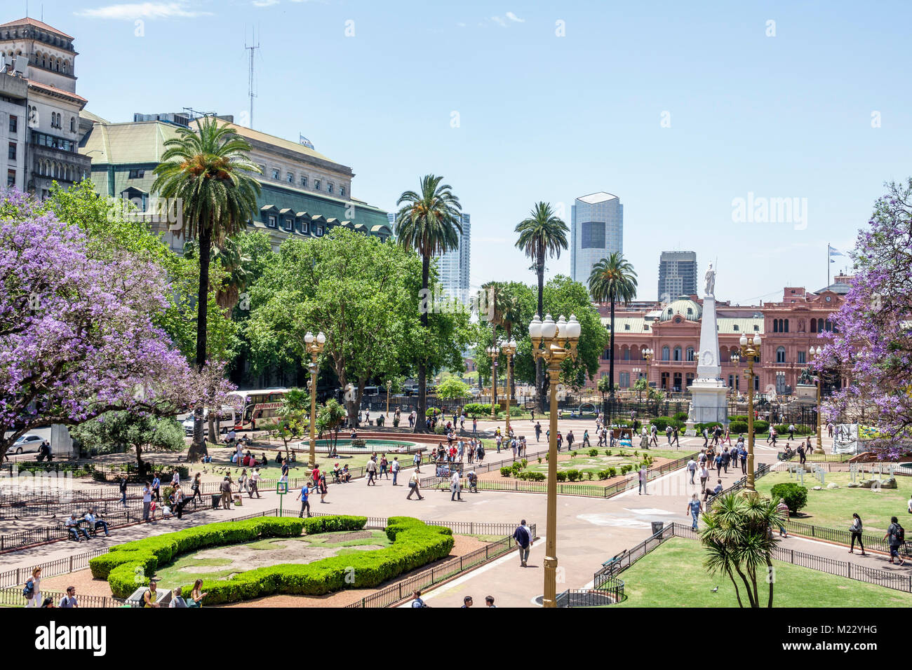 Argentina Buenos Aires Plaza de Mayo central square,view Cabildo Casa Rosada presidential palace park garden Hispanic, Stock Photo