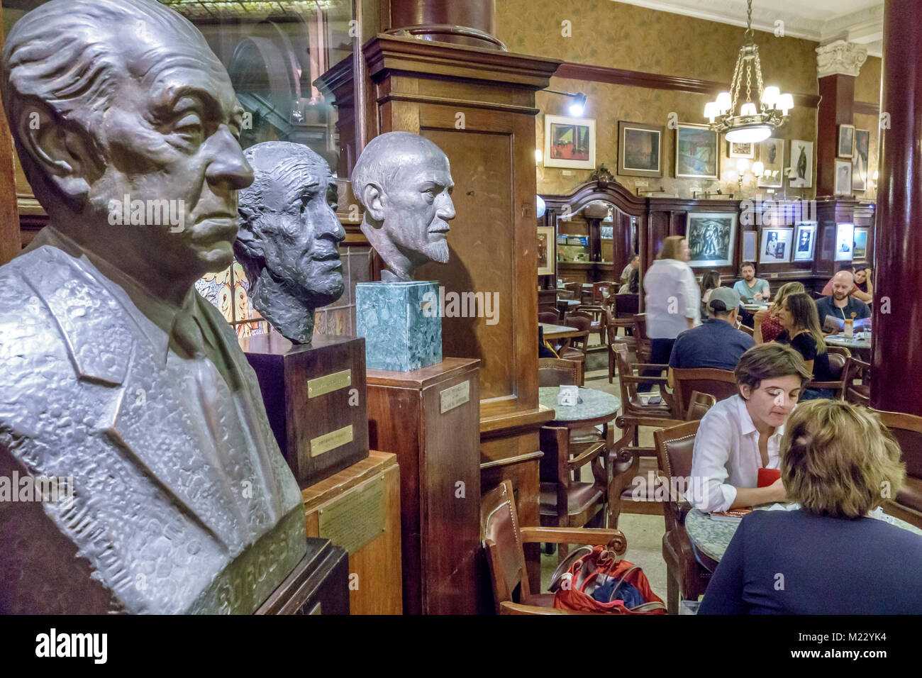 Buenos Aires Argentina,Cafe Tortoni,landmark,iconic coffeehouse,restaurant restaurants food dining cafe cafes,interior inside,tables,decor,statue,bust Stock Photo