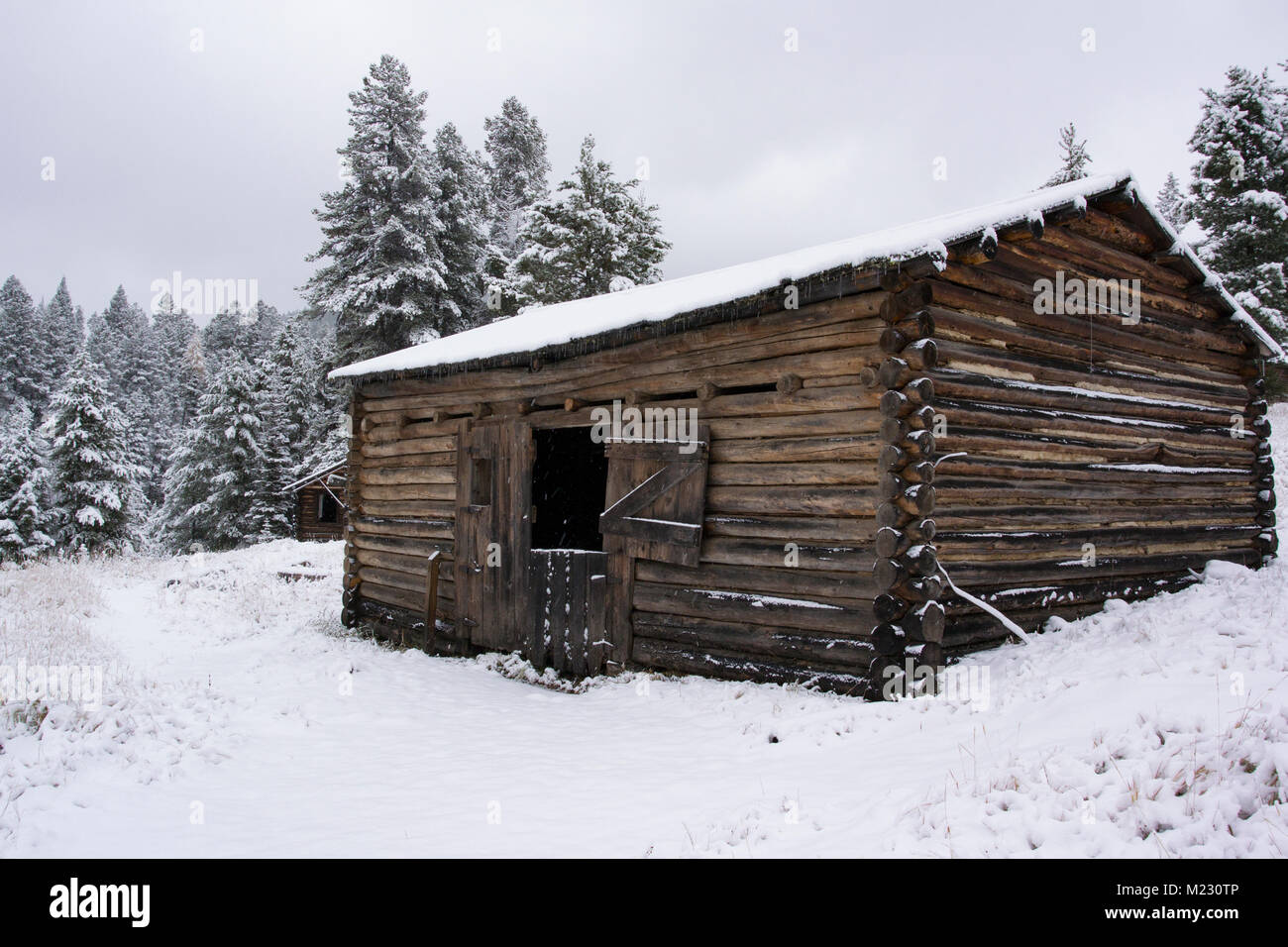 An old log livery stable at Ghost Town, northwest of Drummond