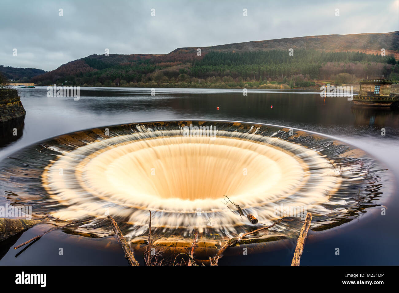 Overflow plug hole at Ladybower Reservoir in the Derwent Valley in