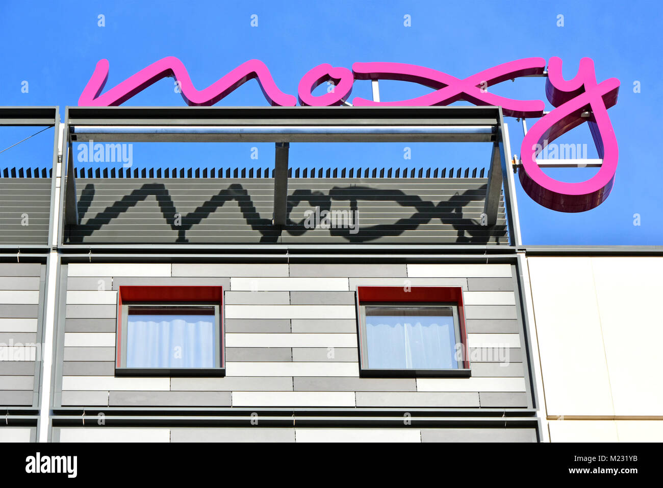 Moxy Hotel a brand of Marriot International sign above new build hotel in Stratford London close to the station & Queen Elizabeth Olympic Park England Stock Photo