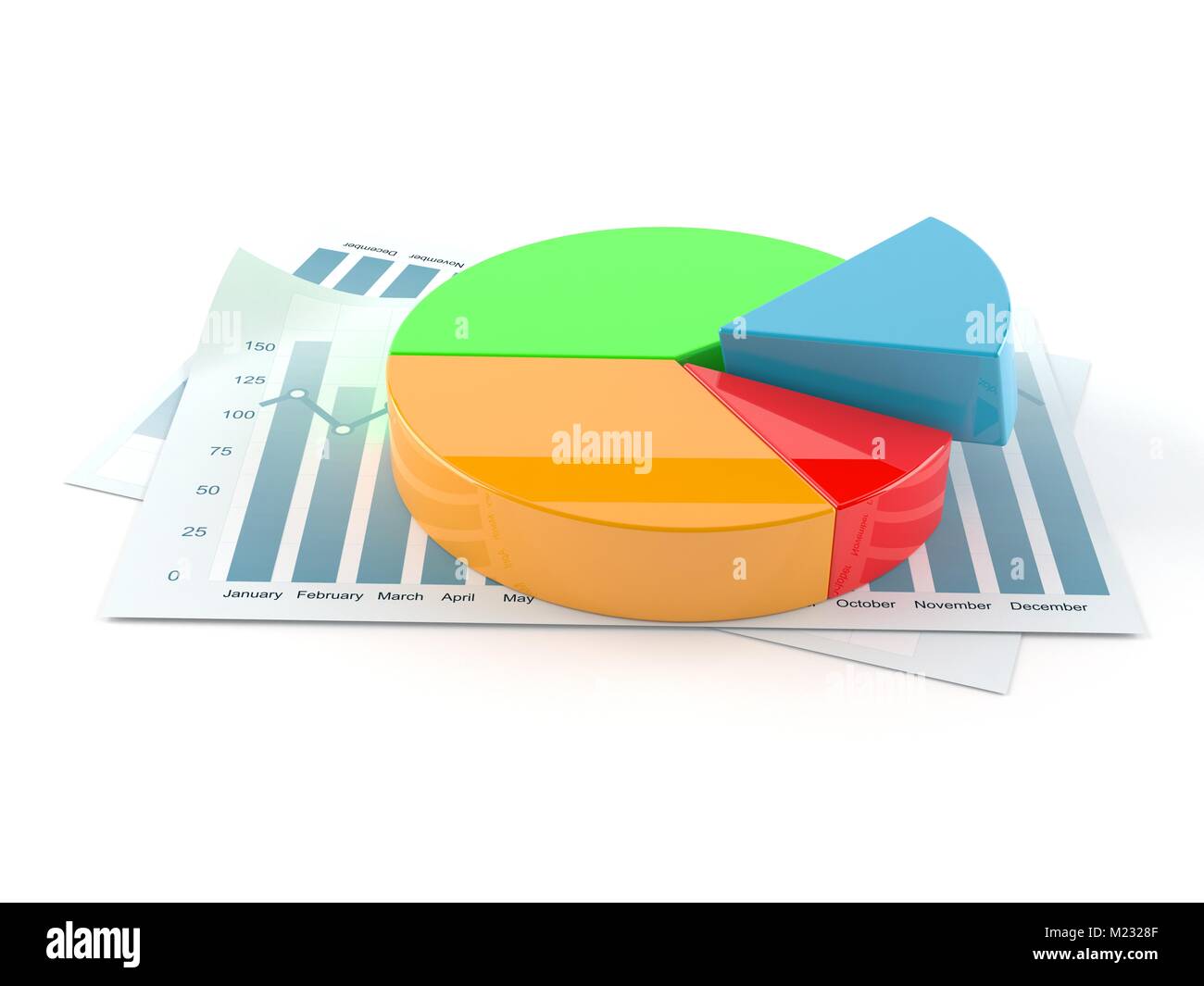 Report with pie chart isolated on white background Stock Photo - Alamy