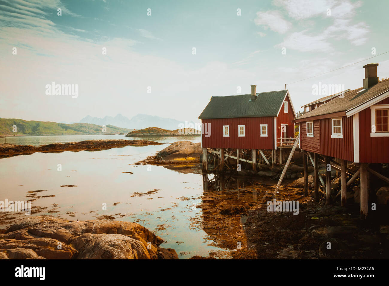 Typical red rorbu fishing hut in town of Svolvaer Stock Photo