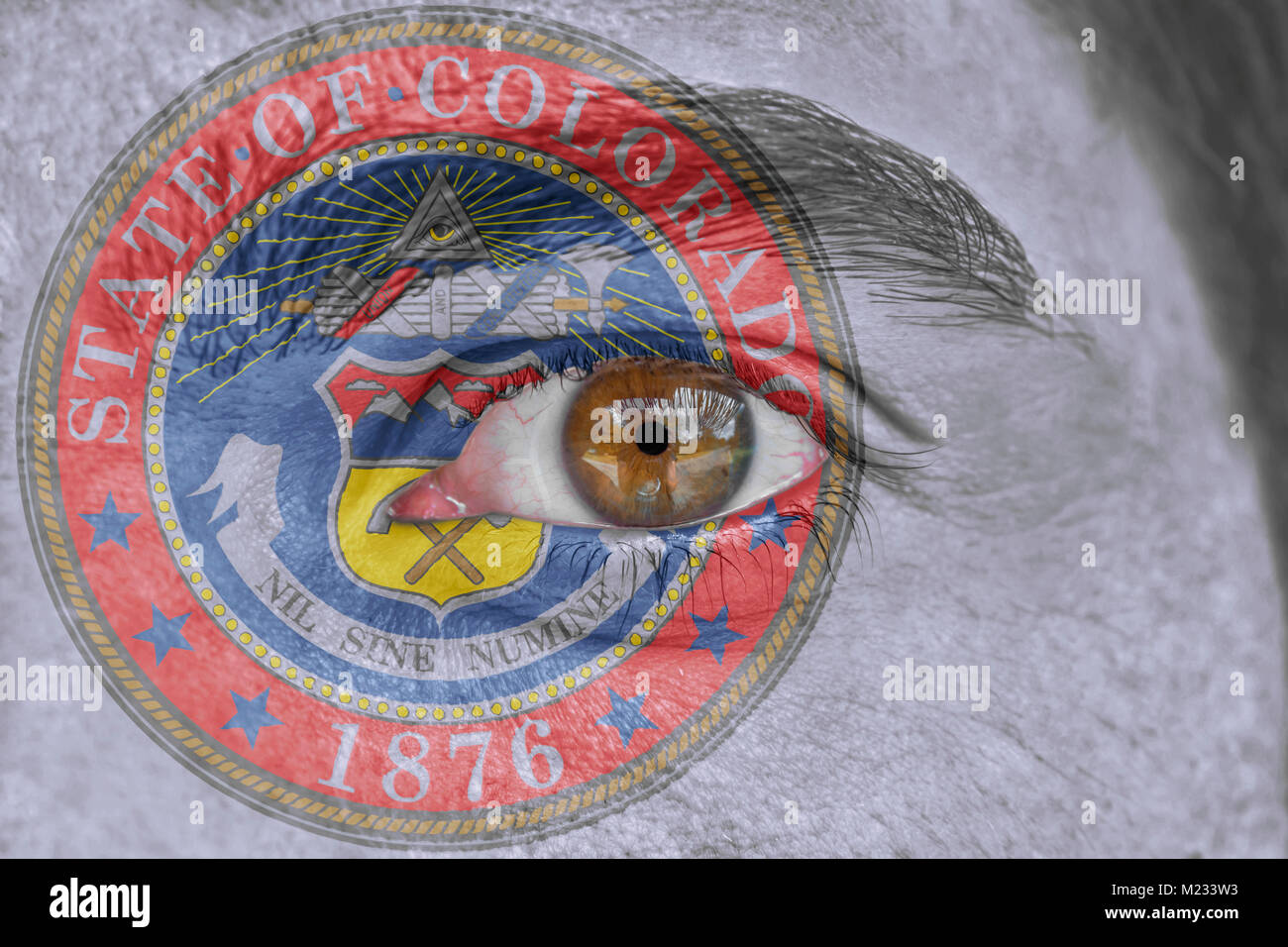 Human face and eye painted with US state seal flag of Colorado Stock ...