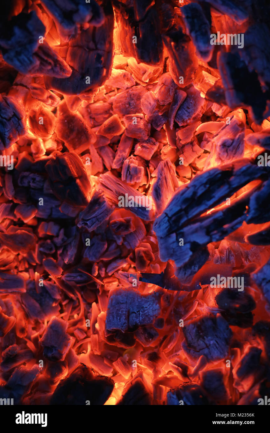 Fire wood coal amber ash closeup Stock Photo