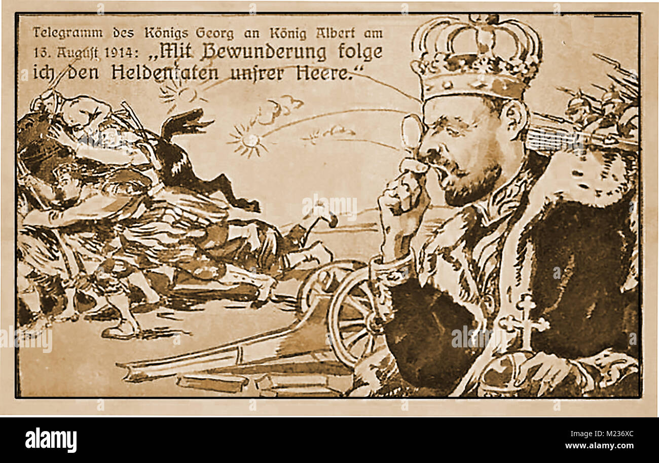 First World War (1914-1918)  aka The Great War or World War One - Trench Warfare -WWI  German propaganda postcard showing the British King watching his army flee from the German soldiers Stock Photo