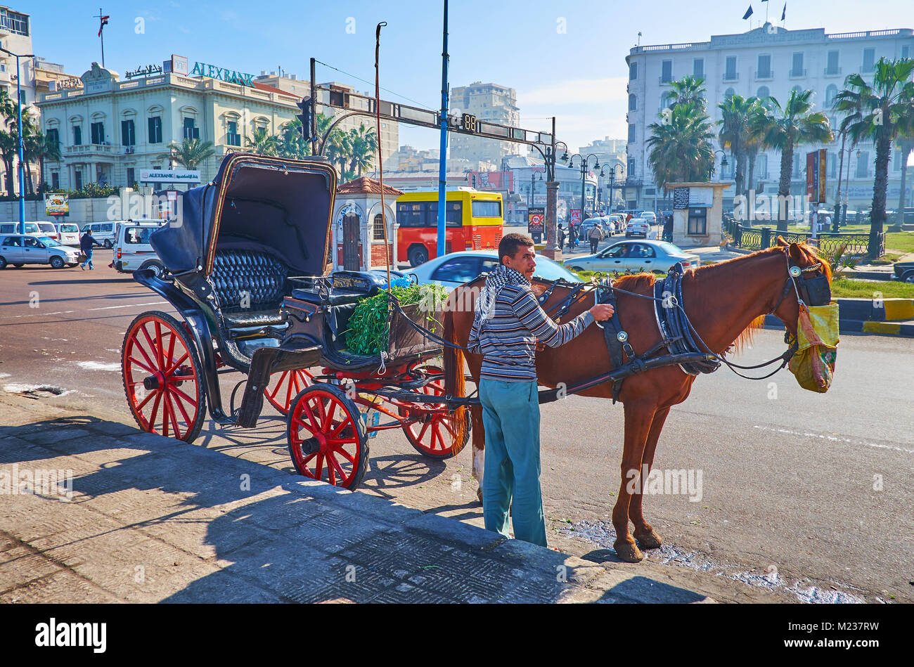ALEXANDRIA, EGYPT - DECEMBER 18, 2017: The perfect way to relax and enjoy the city is to take a horse carriage and ride along the Corniche embankment, Stock Photo