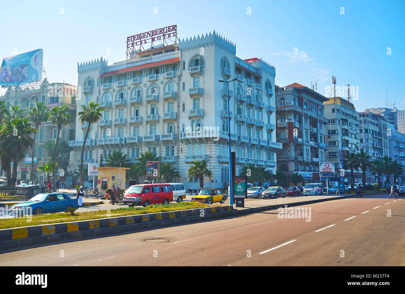 ALEXANDRIA, EGYPT - DECEMBER 17, 2017: The traffic along the Corniche avenue with a view on buildings of Saad Zaghloul square, on December 17 in Alexa Stock Photo