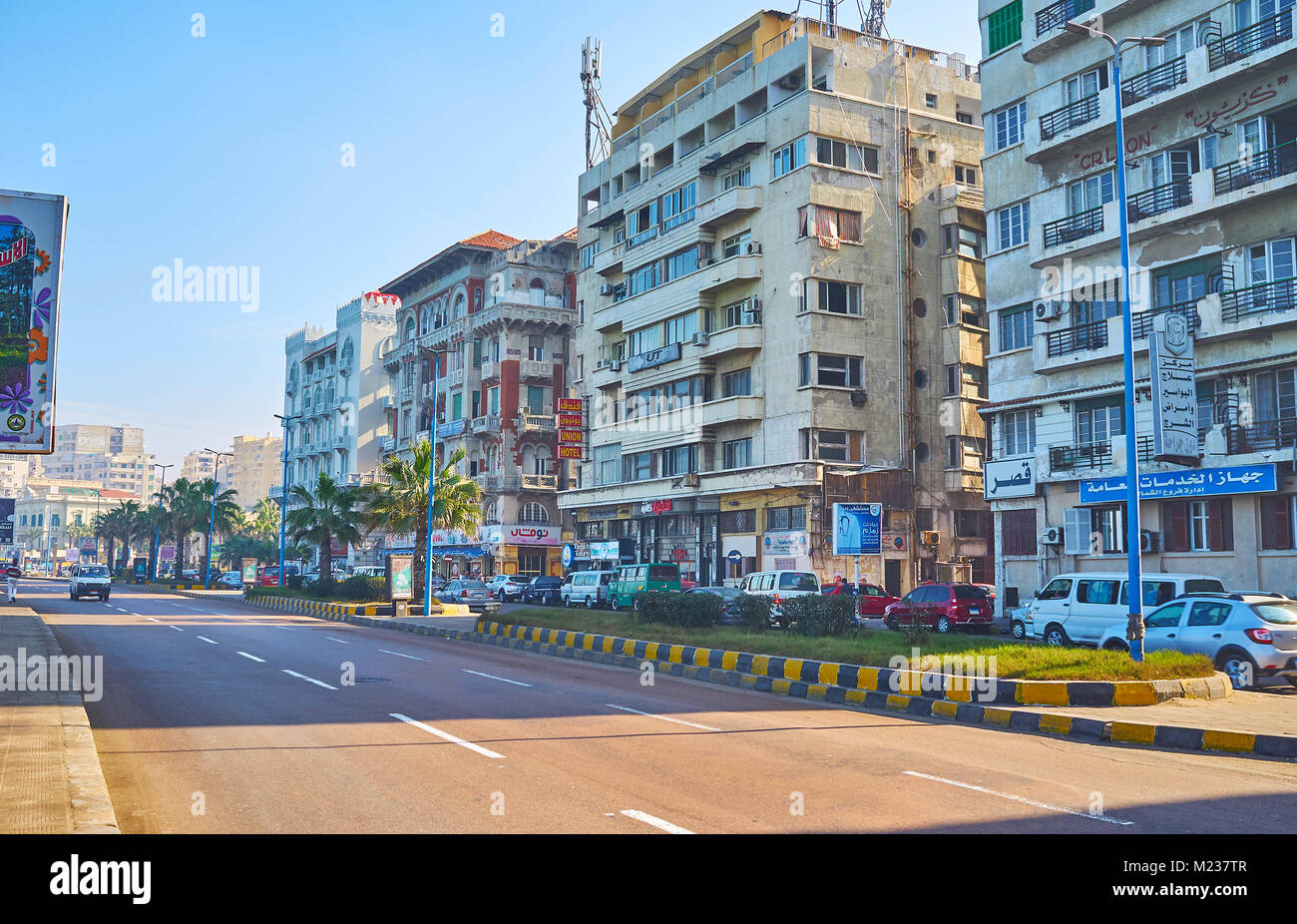 ALEXANDRIA, EGYPT - DECEMBER 17, 2017: The Corniche avenue is the central street of the city, stretching along the coast of Mediterranean sea and cont Stock Photo