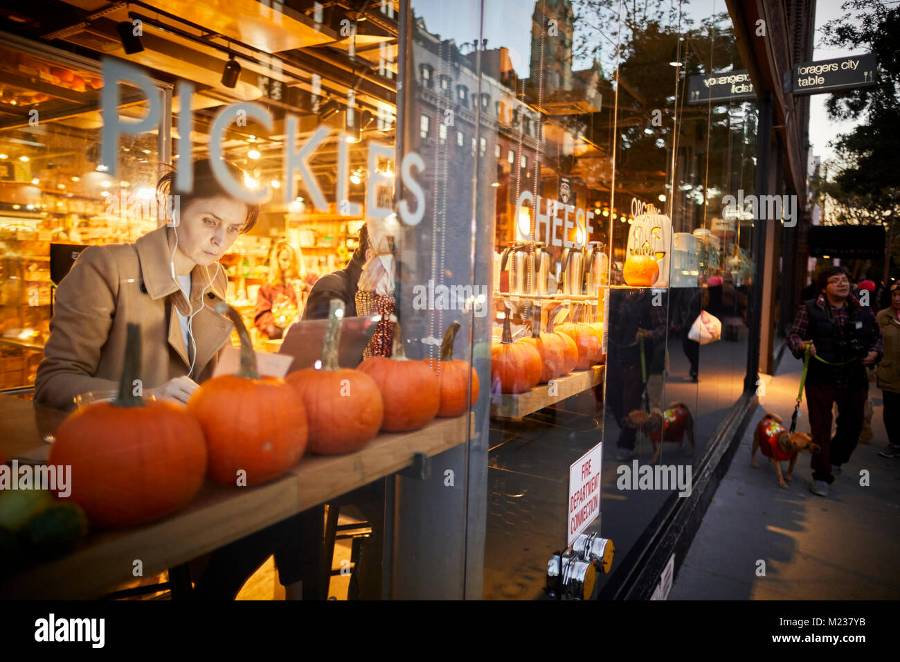 New York city in Manhattan 8th avenue restaurant window decorated with