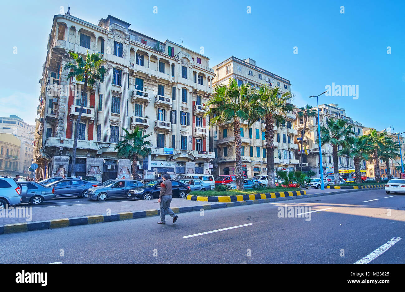 ALEXANDRIA, EGYPT - DECEMBER 17, 2017: The numerous edifices along the Corniche avenue are built in Colonial or European style, on December 17 in Alex Stock Photo
