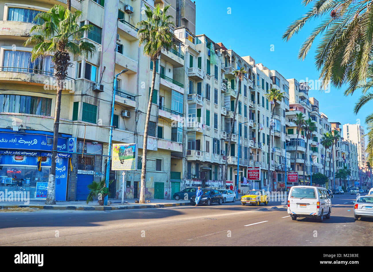 ALEXANDRIA, EGYPT - DECEMBER 17, 2017: The tall residential buildings along the road of Corniche avenue, on December 17 in Alexandria. Stock Photo