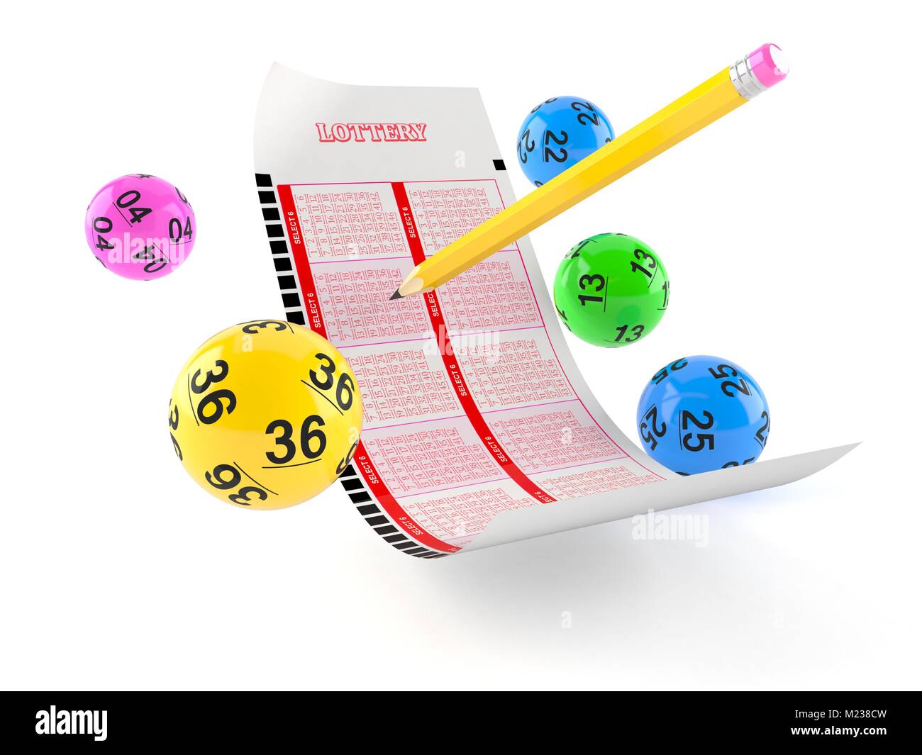 Lottery blank ticket with lotto balls on white background Stock Photo
