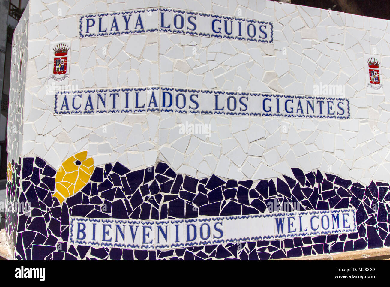 Tiled mosaic whic creates a welcome sign for Playa Los Guios and Acantilados Los Gigantes (Cliffs of Los Gigantes) Stock Photo