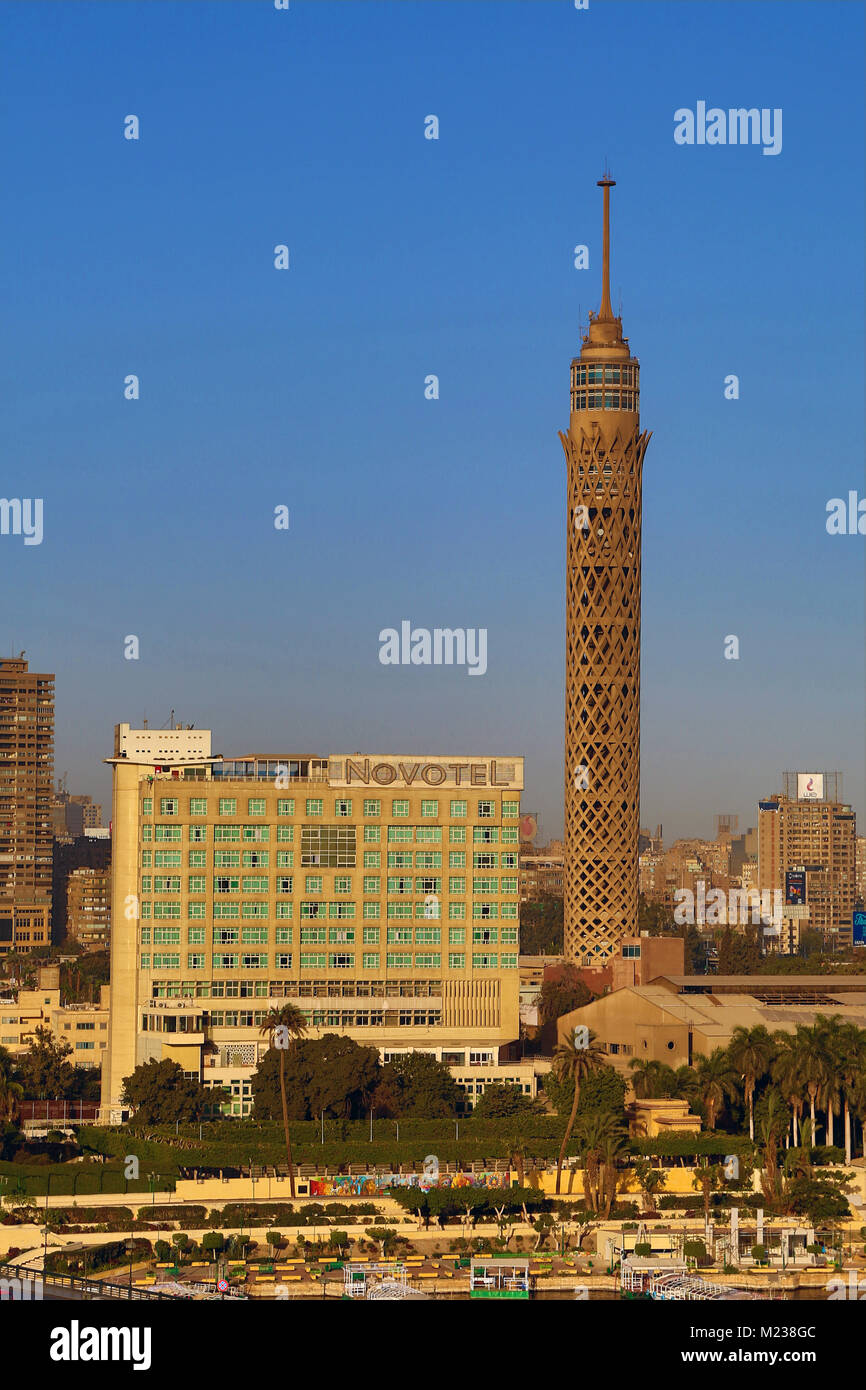 The Cairo Tower and Novotel Hotel on Gezira Island in Cairo, Egypt Stock Photo