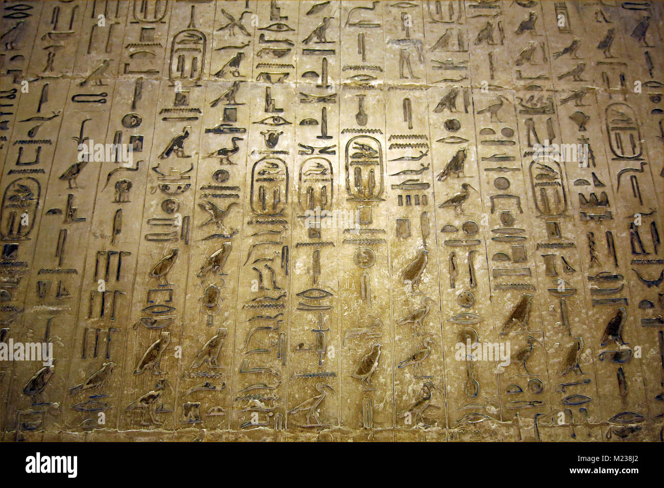 Hieroglyphics on the wall in an underground tomb in the Saqqara Necropolis near Memphis, Egypt Stock Photo