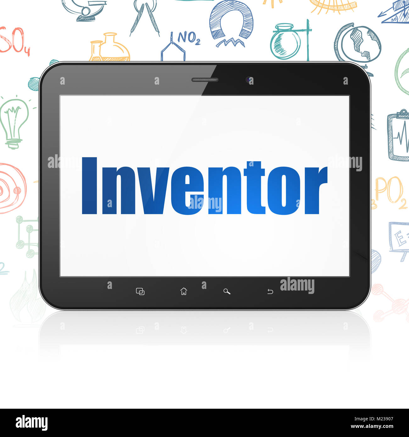 Science concept Tablet Computer with Inventor on display Stock Photo