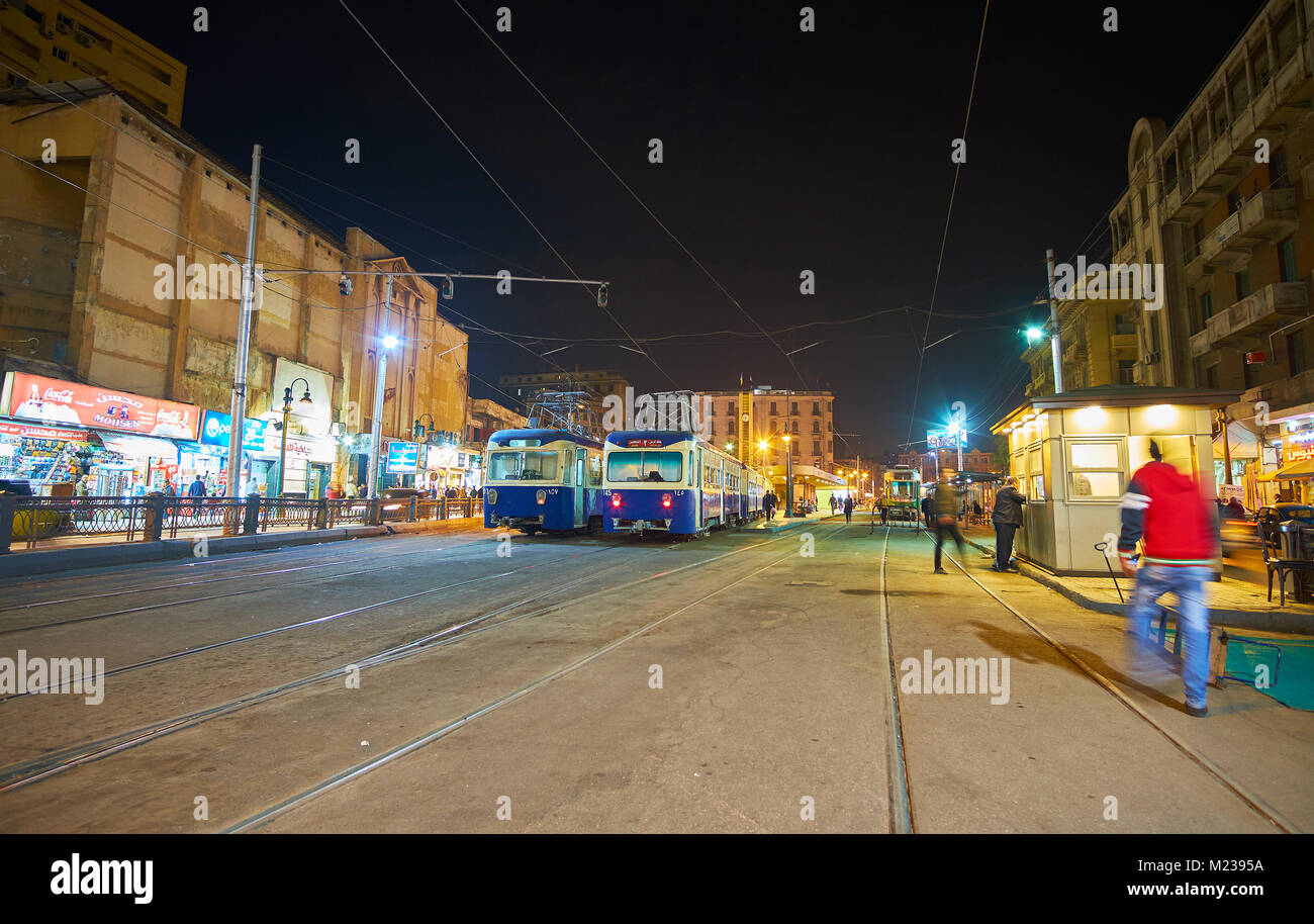 ALEXANDRIA, EGYPT - DECEMBER 17, 2017: The terminal tram station in Mahta Al Raml square, vintage blue trams wait for departure, on December 17 in Ale Stock Photo