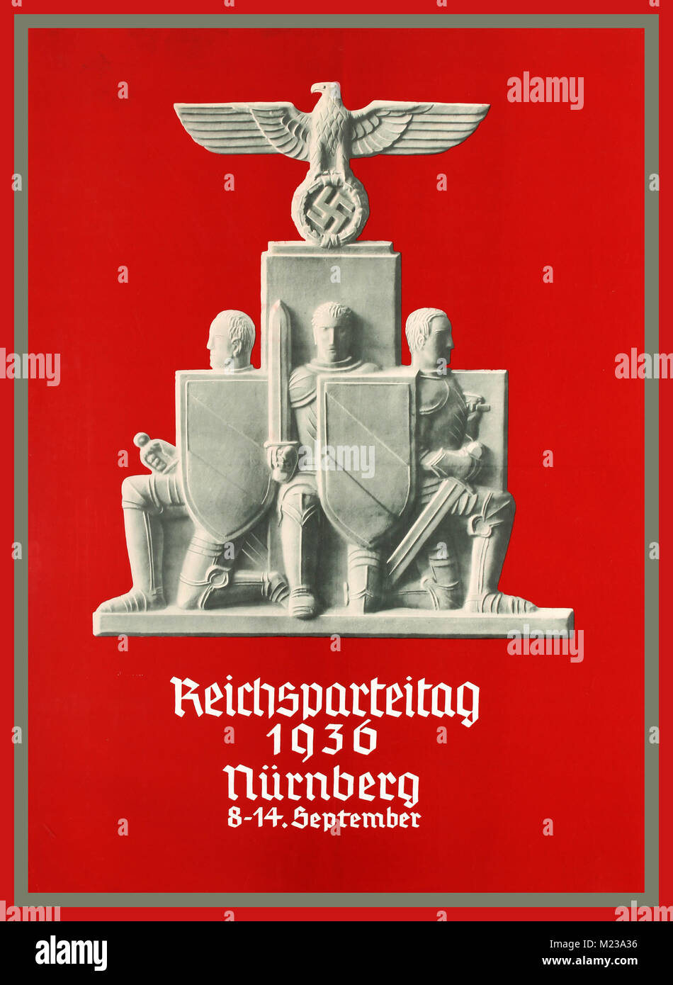 NUREMBERG RALLIES Propaganda Poster Third Reich NSDAP Nazi Party Week 1936 Original vintage Nazi poster promoting the Third Reich conference held in the city of Nuremberg between the 8th and 14th of September 1936. This poster features a Nazi marble sculpture representing three sitting knights with shields and swords at the bottom and the eagle and swastika symbols displayed at the top of the statue Stock Photo