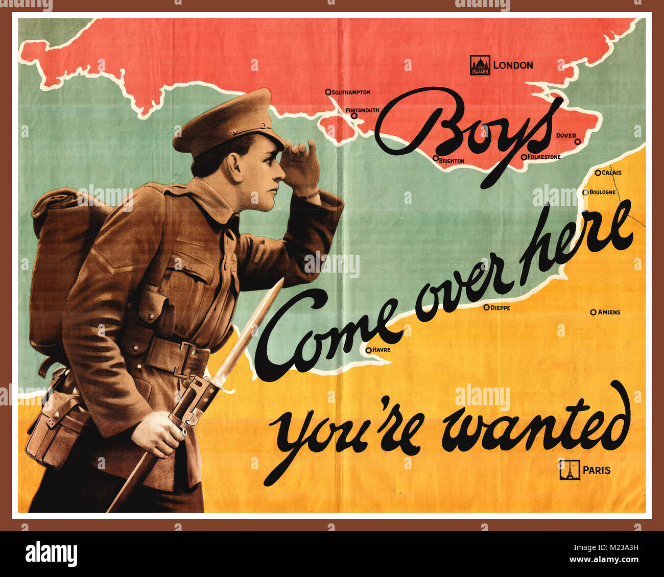 WW1 1900's Recruitment Propaganda Poster featuring a British soldier in full uniform in France come over you are wanted Stock Photo