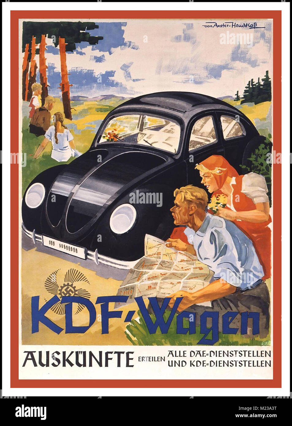 KDF WAGEN VINTAGE 1930’s POSTER KDF WAGEN (strength through joy) VOLKSWAGEN PEOPLE’S CAR 1938 Nazi Germany advertisement for the Volkswagen, produced by the Nazi Trade Union “German Labour Front” with idealistic Aryan German Family illustrated in halcyon situation and Swastika emblem featured Stock Photo