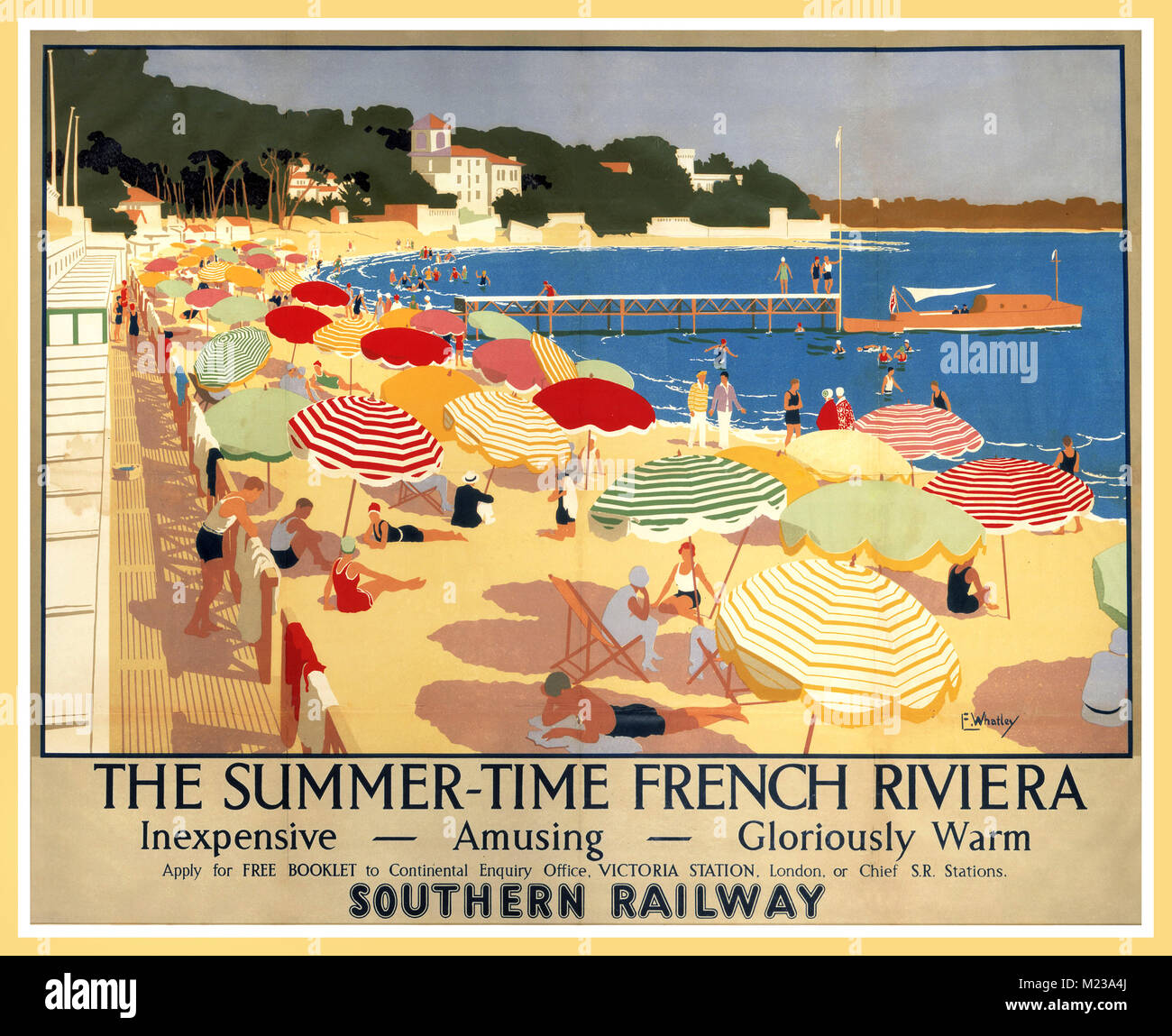 Vintage 1920’s UK British Southern Rail Poster “ The Summer-Time French Riviera” promoting summer holiday railway travel to the French Riviera France Stock Photo