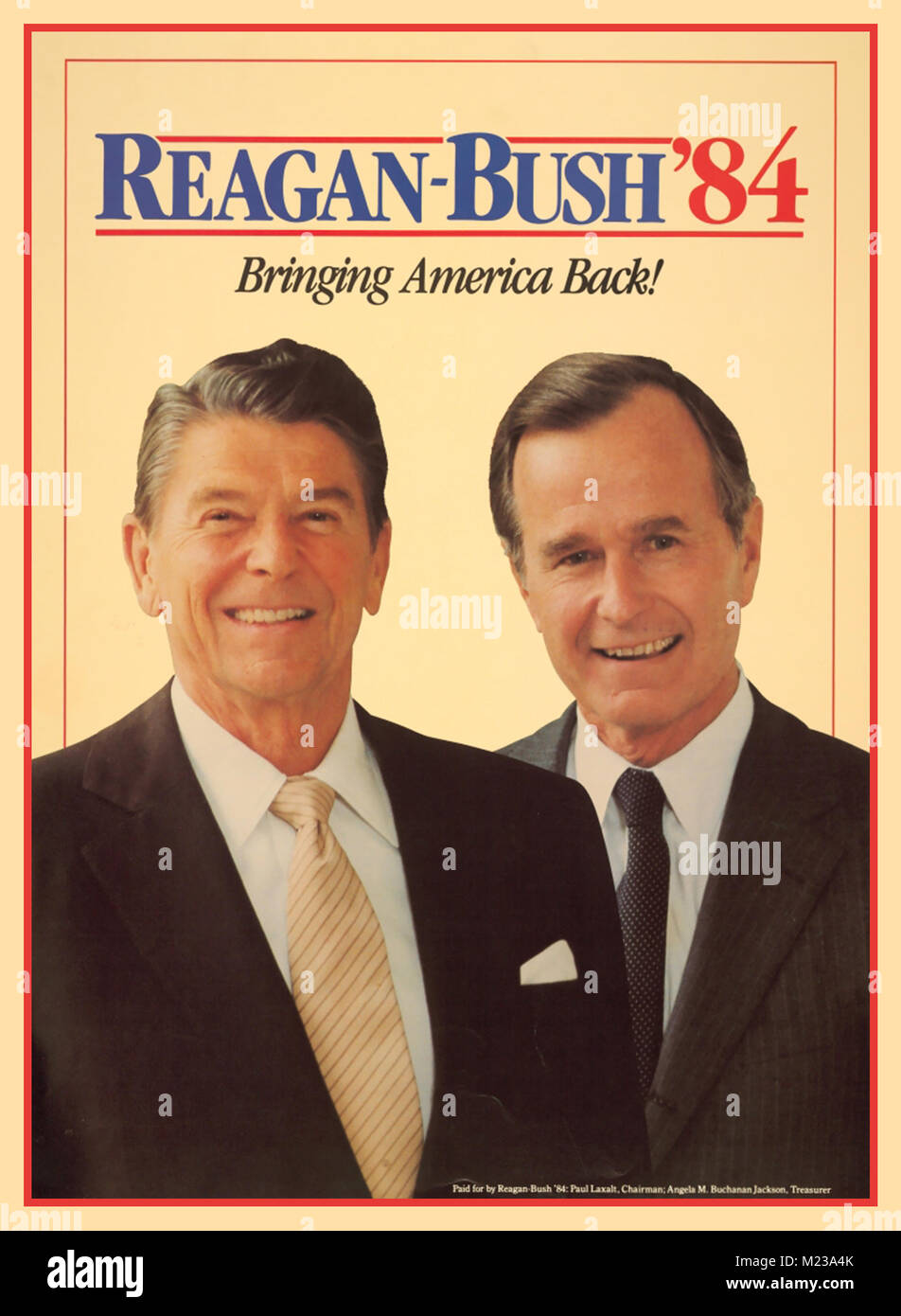 1984 American USA Presidential Campaign Poster featuring Ronald Reagan and George H. W. Bush with the strap line 'Bringing America Back' They won the renomination with a landslide vote for the Republican Party. Stock Photo