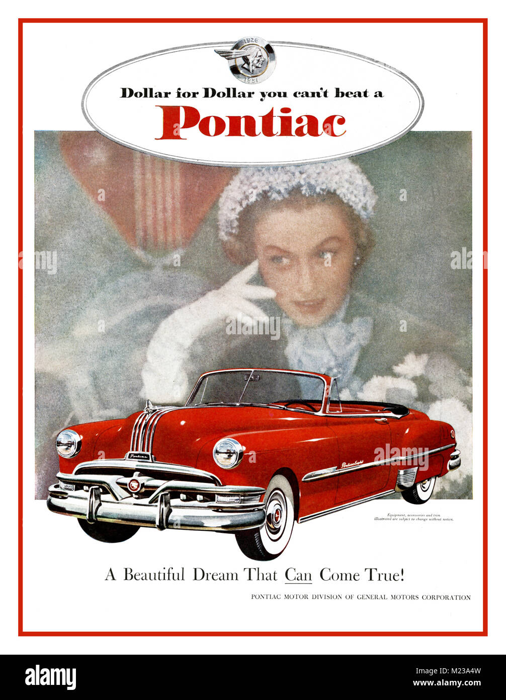 1950's Vintage American Automobile advertisement for 1951 Pontiac Eight convertible ' A beautiful dream that can come true' Stock Photo