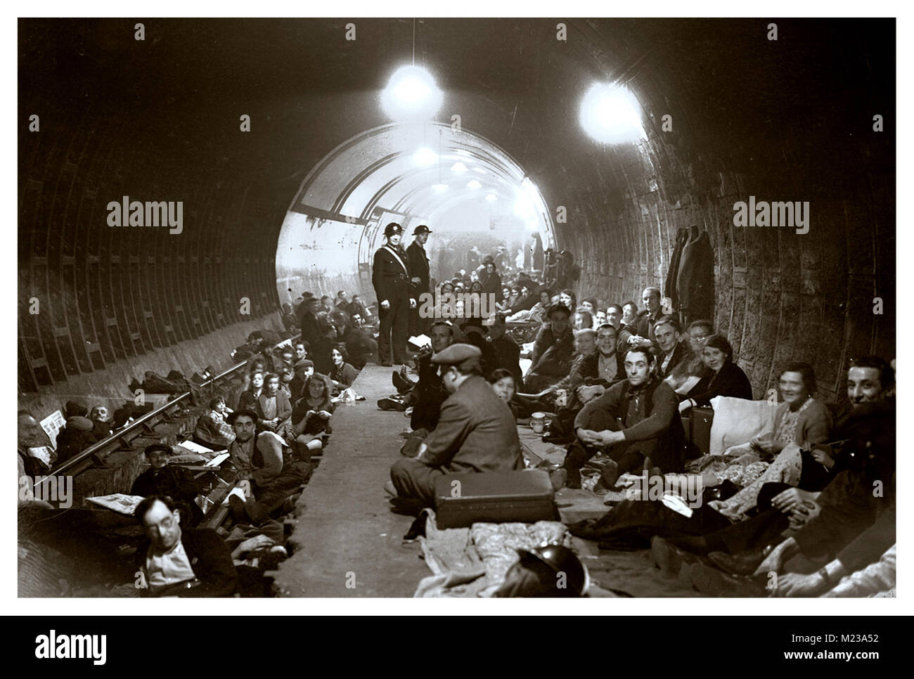 WW2 1940's Underground Station shelter London Blitz.. Tube station acting as a safe haven for London residents against sustained terror bombing by Nazi Germany. Adolf Hitler attempted concentrated aerial bombing of major population centers in England using the Nazi Luftwaffe as a tool to attempt to terrorise local UK resident population Stock Photo