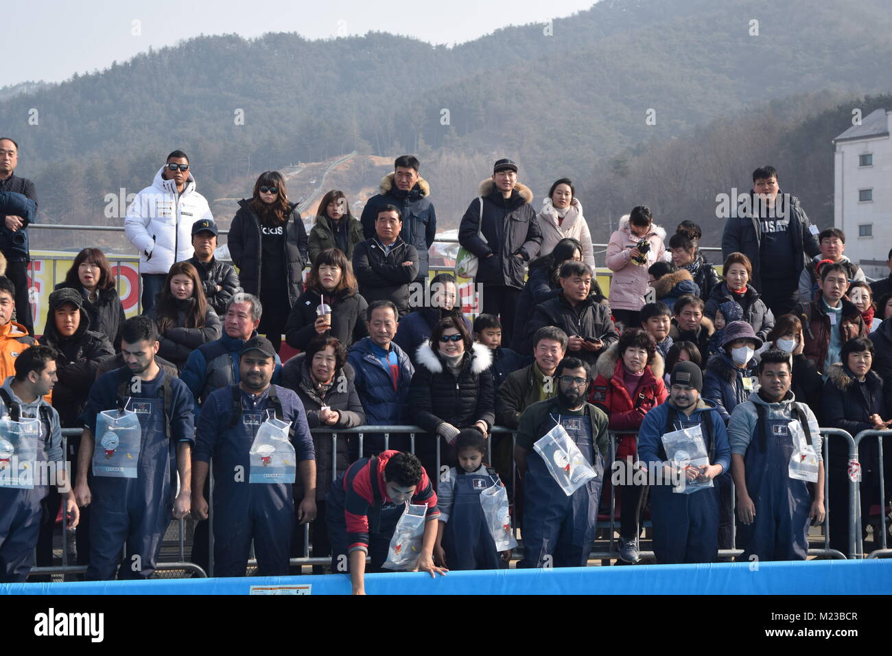 Hwacheon, Republic Of Korea. Jan. 22, 2018. Participants enjoying the frozen Hwacheon River during the annual Hwacheon Sancheoneo Ice Festival Stock Photo