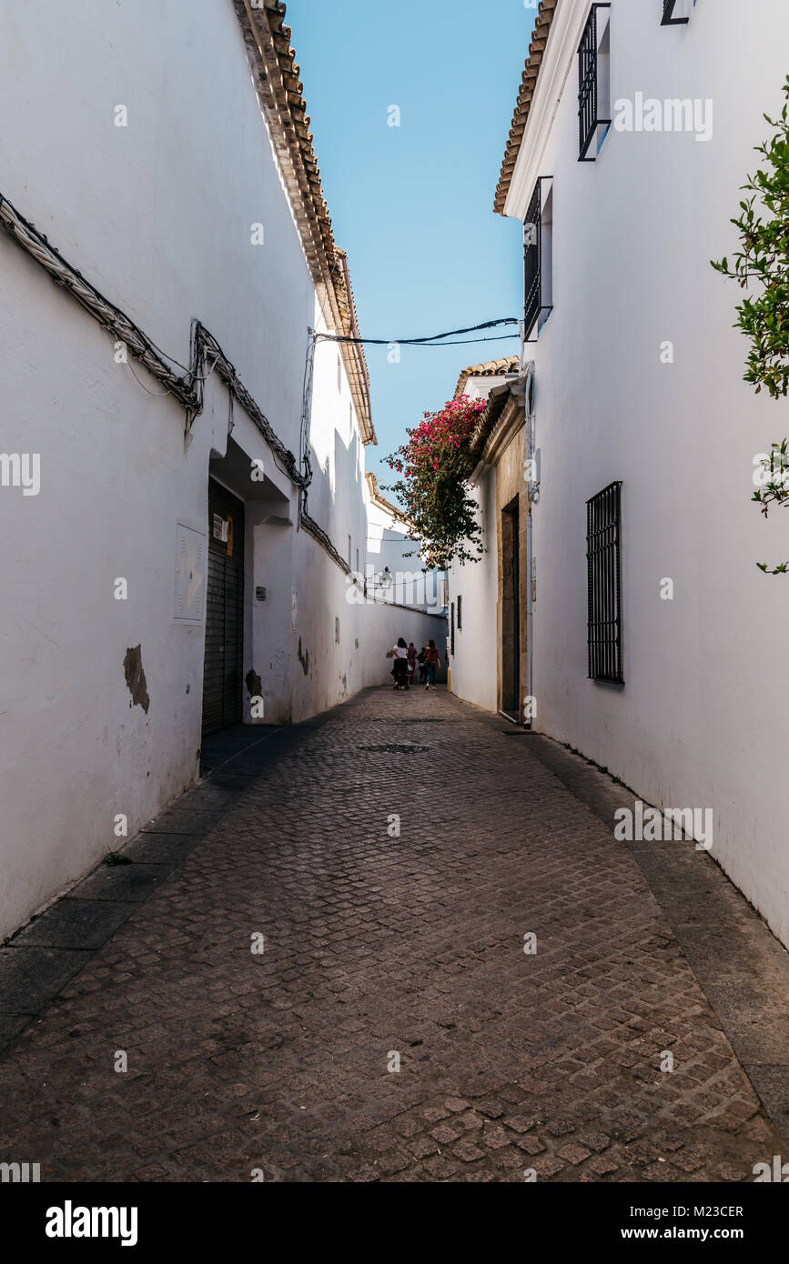 Cordoba, Spain - April 10, 2017: Old typical street in the jewry of Cordoba with white walls decorated with flowers Stock Photo