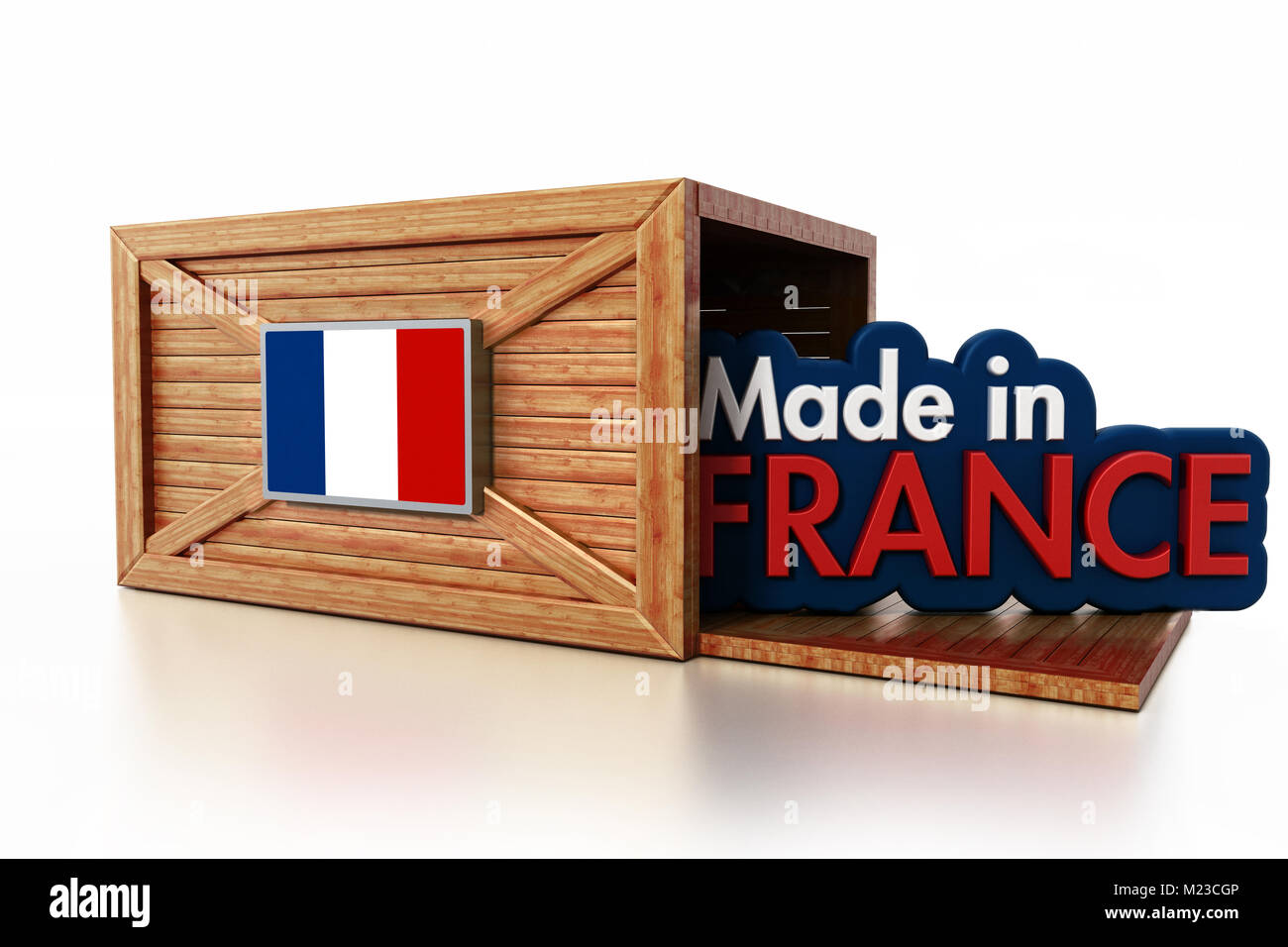 Made in France text inside cargo box with French flag. 3D illustration. Stock Photo