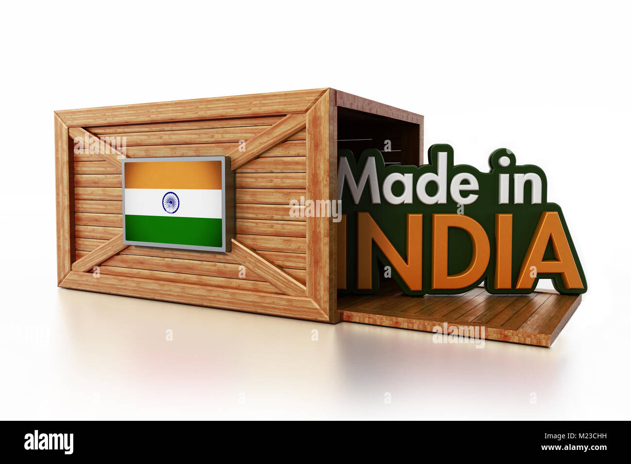 Made in India text inside cargo box with Indian flag. 3D illustration. Stock Photo