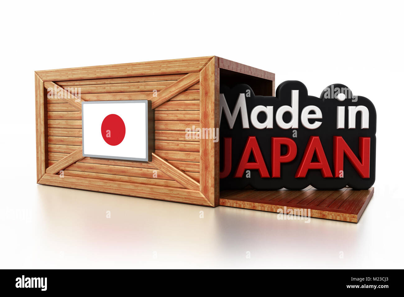 Made in Japan text inside cargo box with Japanese flag. 3D illustration. Stock Photo
