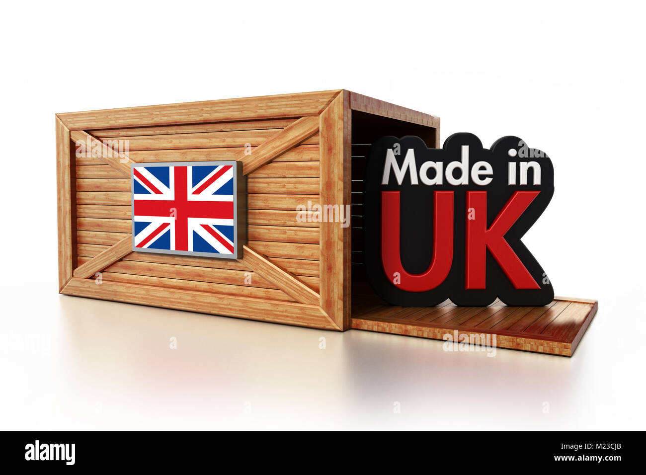 Made in UK text inside cargo box with British flag. 3D illustration. Stock Photo