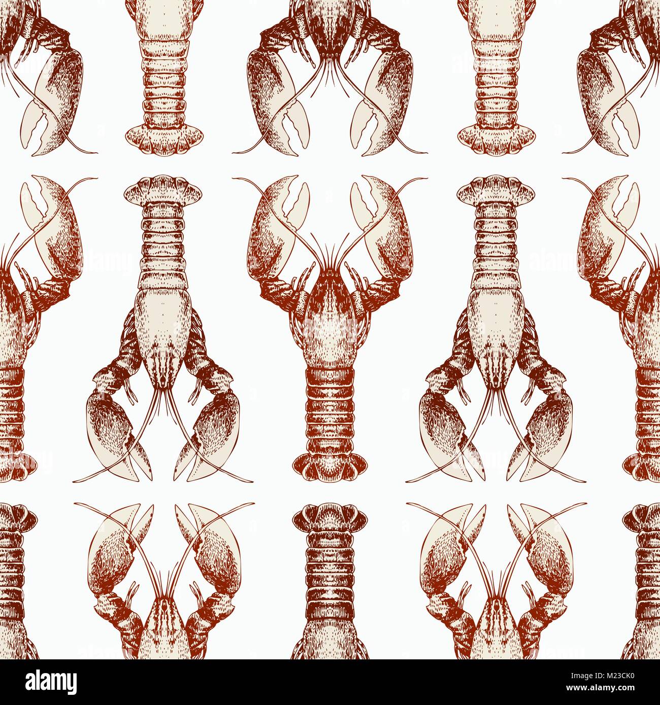Vector seamless pattern with lobsters. Retro omar lillustration. Hand drawn sketch seafood. Engraved style crayfish, crawfish. Can be use for restaurant menu, kitchen design, paper, wrapping, fabrics. Stock Vector