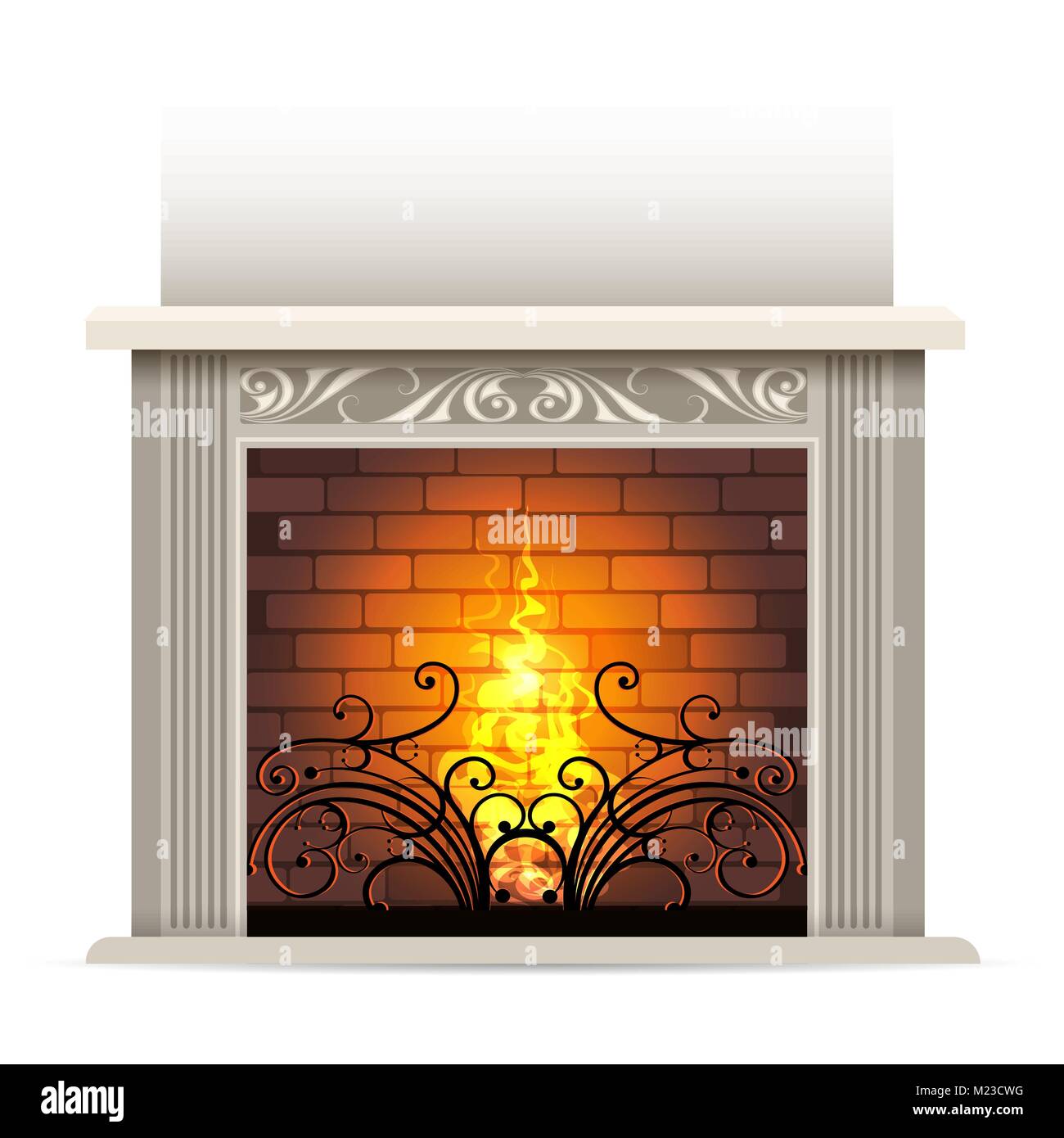 Classic fireplace with a bright burning flame. Element of interior design. Vector illustration. Stock Vector