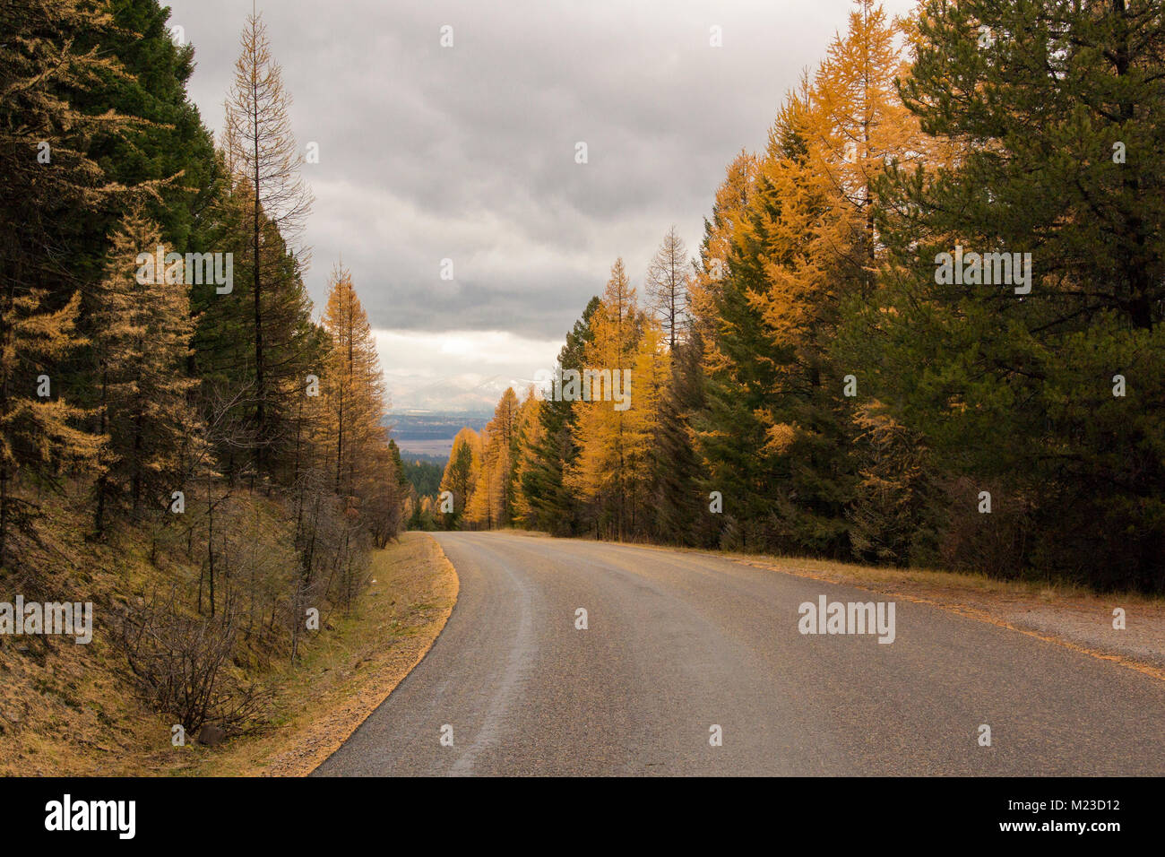 Looking down towards the Blackfoot River valley on the Garnet Range Road, northwest of Coloma, Montana in Missoula County. Stock Photo