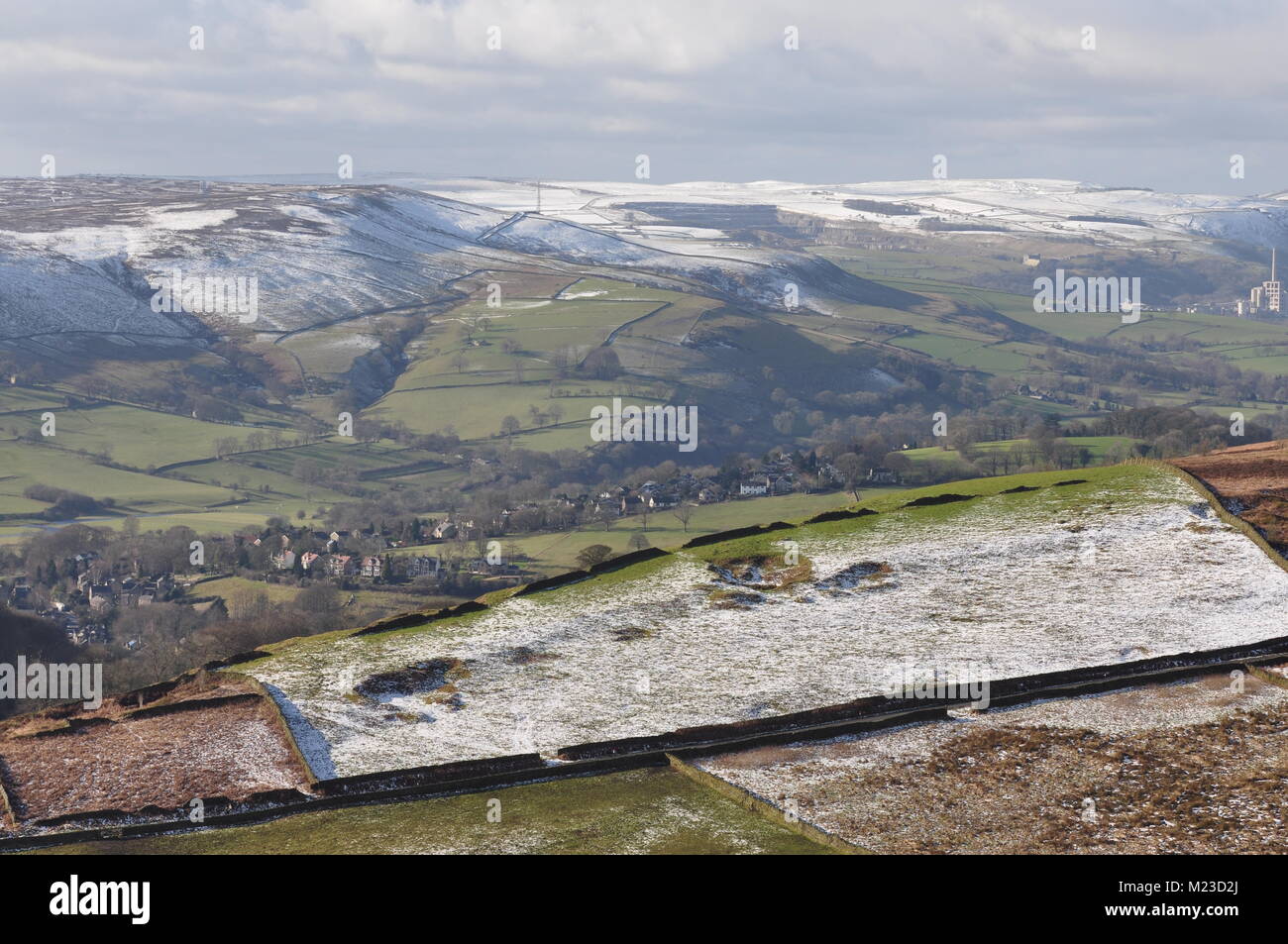 Looking west north west from OS grid 254824 over Hathersage in the Derwent valley, Peak District National Park, Derbyshire, England UK Stock Photo