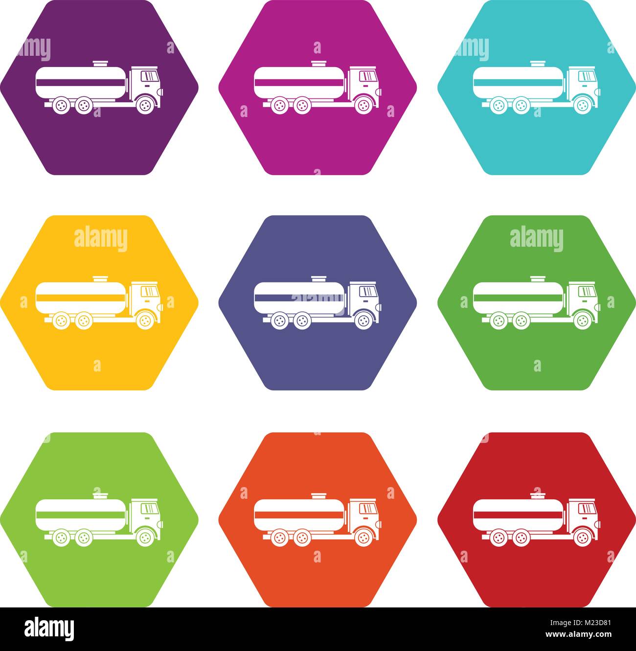 Fuel tanker truck icon set color hexahedron Stock Vector