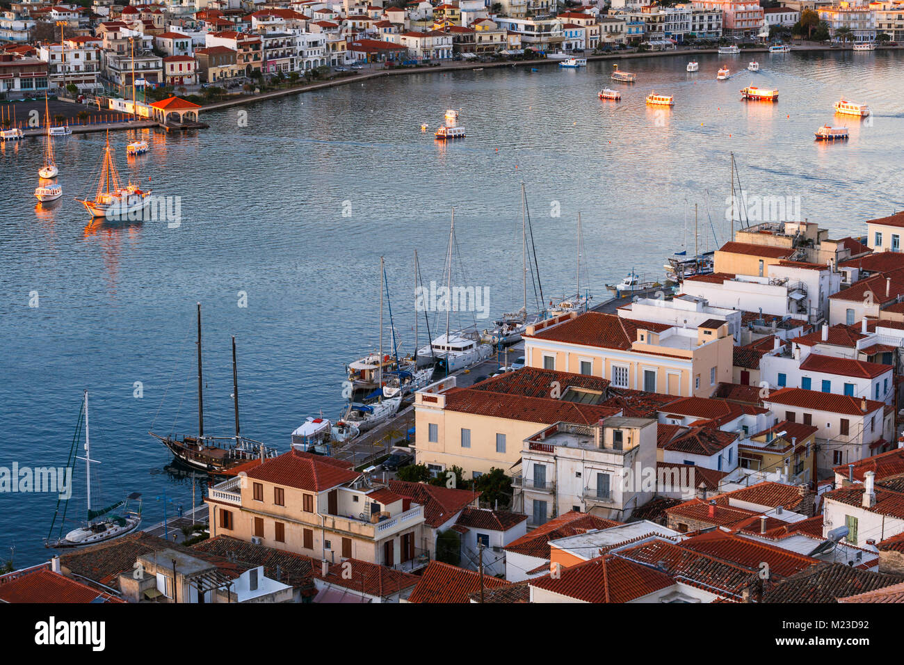 View of Poros island and Galatas village in Peloponnese peninsula in Greece. Stock Photo