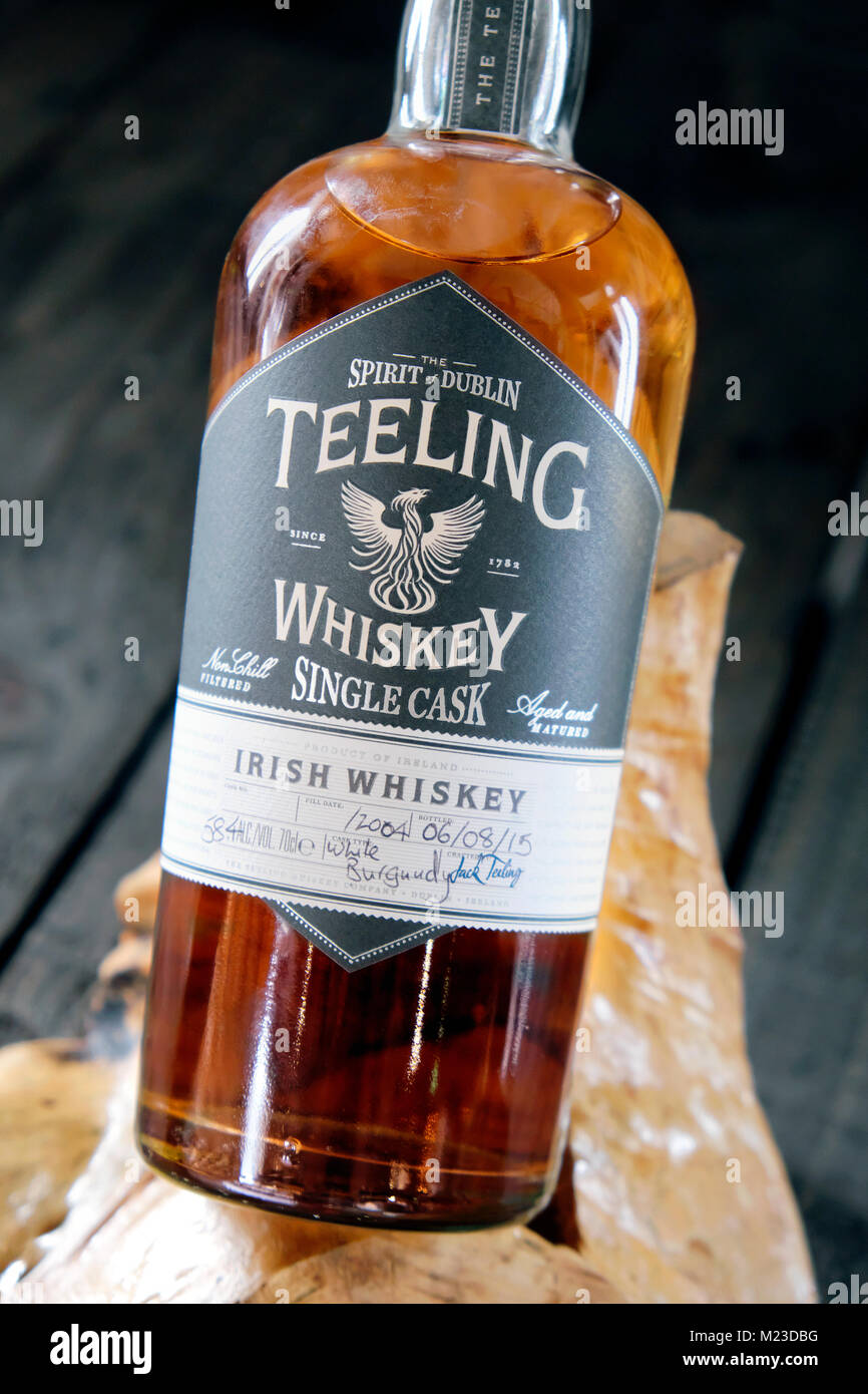 Bottle of Irish Teeling whiskey on display at the Teeling Distillery, Dublin, Ireland Stock Photo