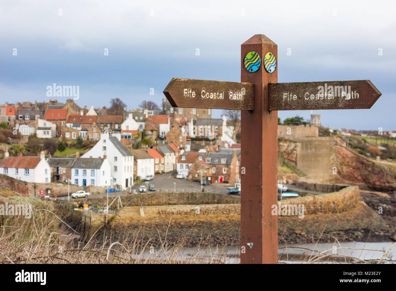 Fife Coastal Path sign overlooking the pretty fishing village of Crail, Fife, Scotland, UK Stock Photo