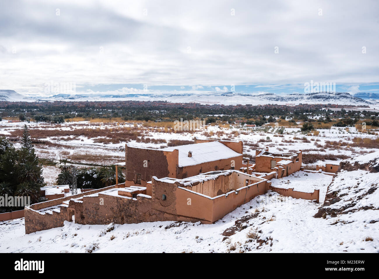 Draa valley cover with snow, South of Morocco Stock Photo
