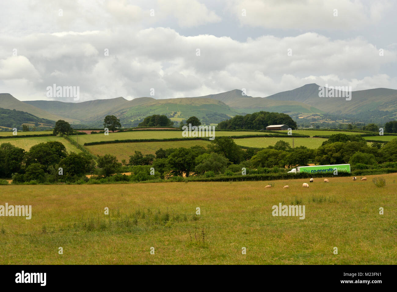 The Brecon Beacons ridge from fields near the A40 East of Brecon with Fan y Big above Cwm Oergwm and, to the right, Cribyn rising above Cwm Sere and o Stock Photo