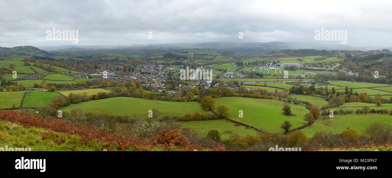 Builth Wells, the River Wye and Llanelweddd Royal Welsh Showground Panorama from Garth Trig Point Stock Photo