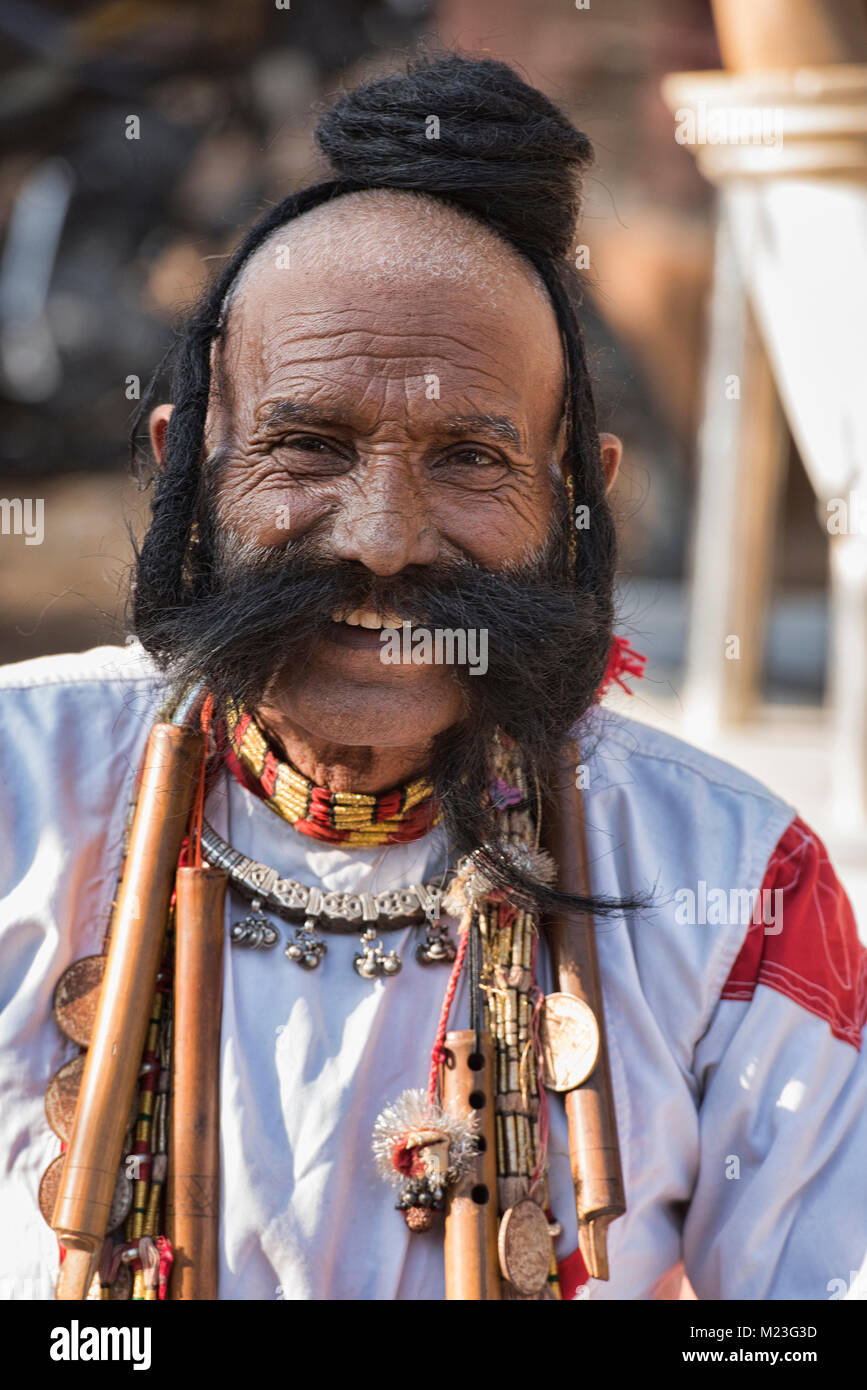 Mr. Mustache contestant (it all coils on his head!), Desert Festival in Jaisalmer, Rajasthan, India Stock Photo