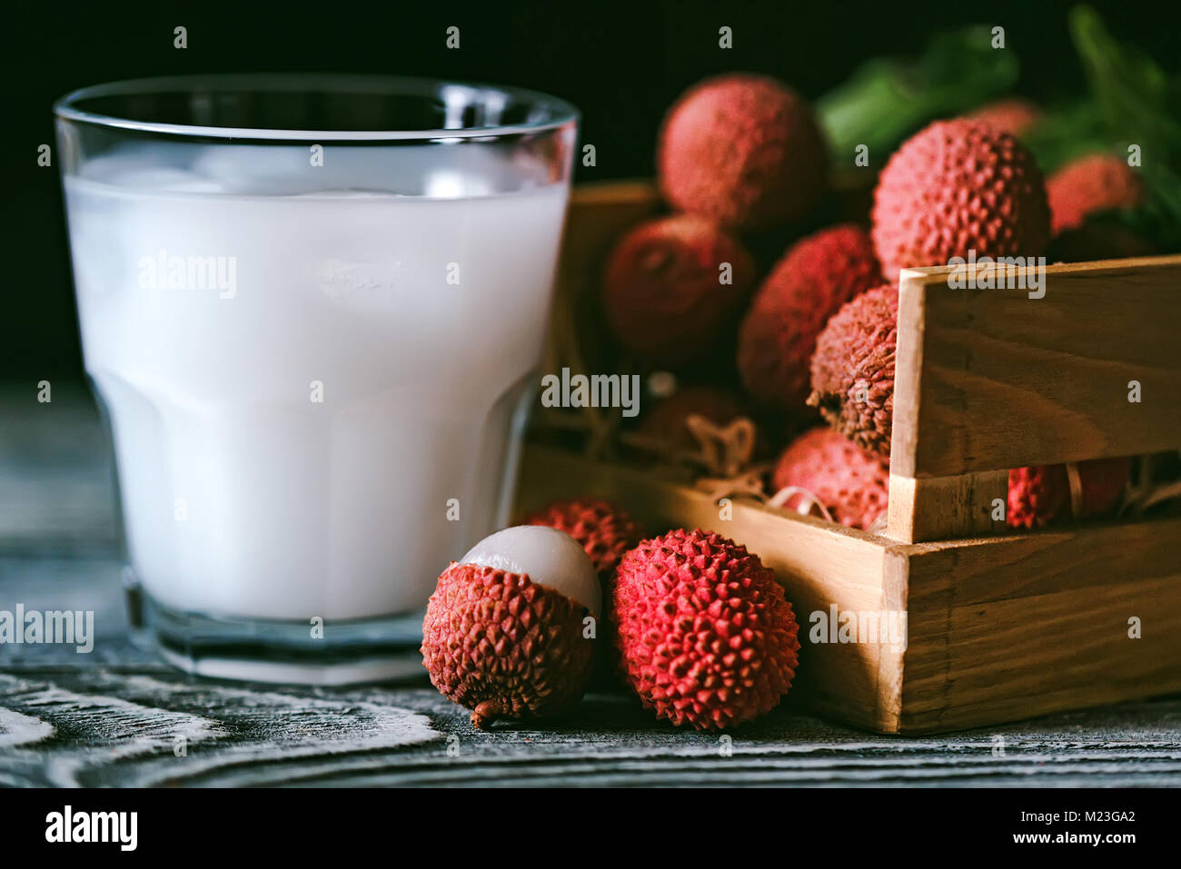 Closeup of fresh lychee juice with fruits Stock Photo Alamy
