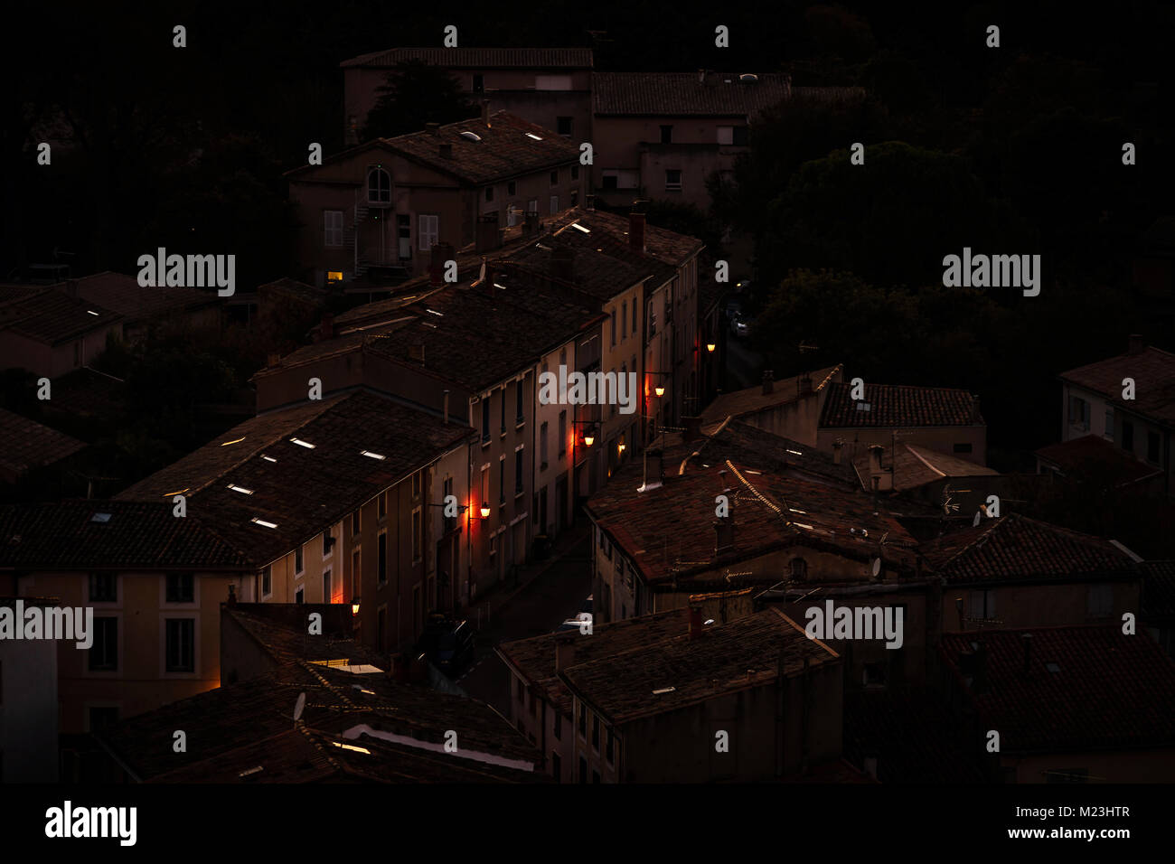 Night Carcassonne aerial street view, line of lantern, France Stock Photo